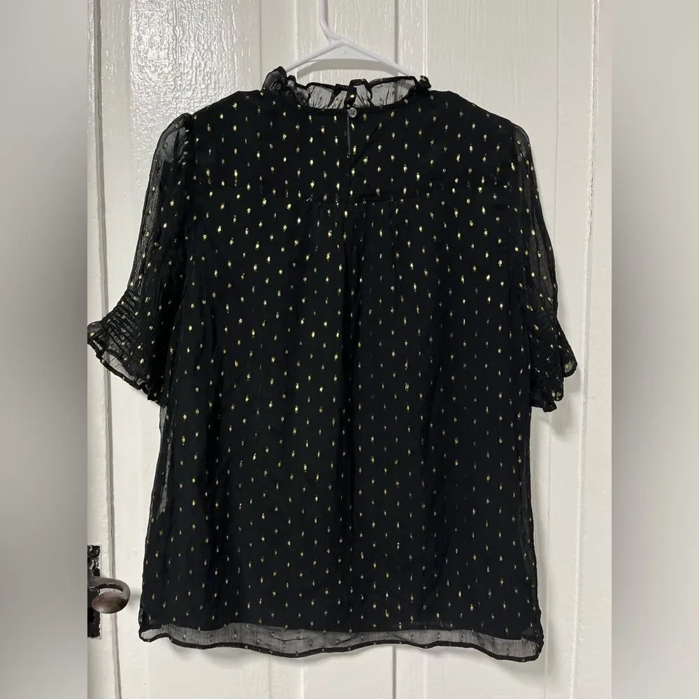 J Crew puff sleeve black Blouse with gold embroidery metallic thread size small